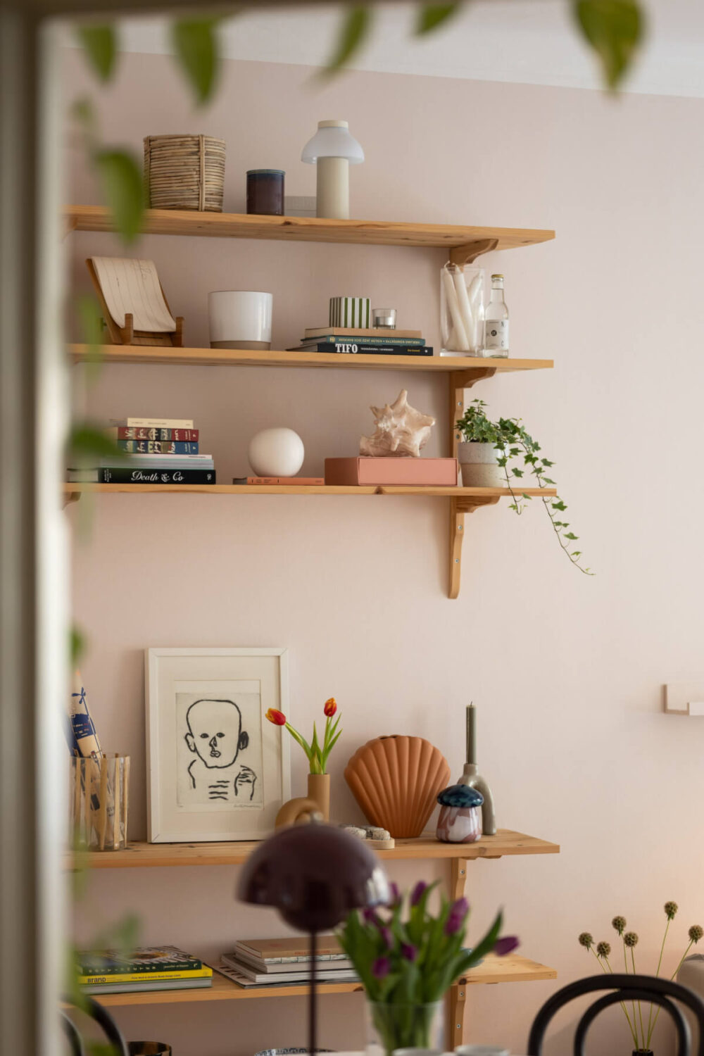wooden shelves