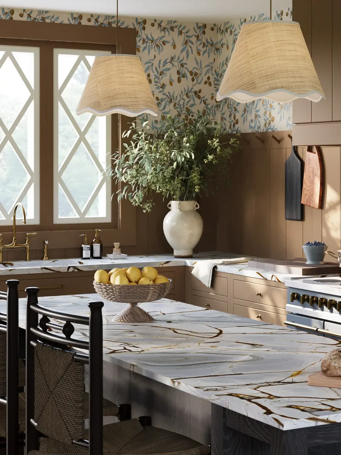 brown kitchen with island and colorful wallpaper