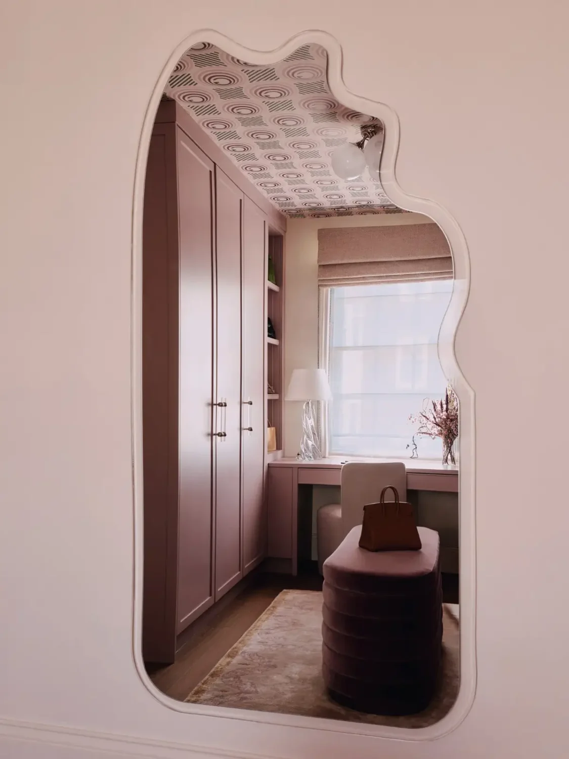 curved mirror pink dressing room