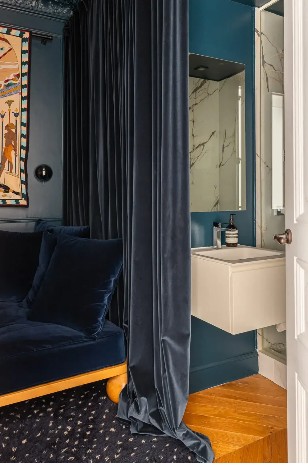 dark blue bathroom velvet curtain