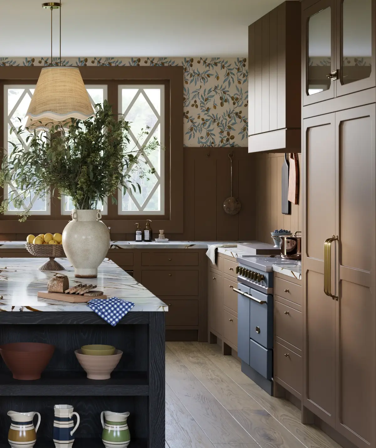 mocha mousse kitchen with katherine pecan wallpaper isla porter the misfit house nordroom