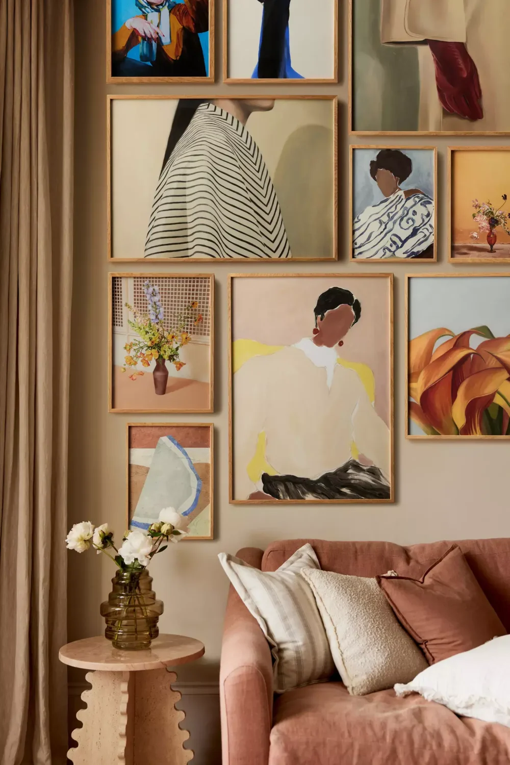 gallery wall and brown couch pantone color of the year Pantone Color of the Year 2025: Mocha Mousse Interior Inspiration