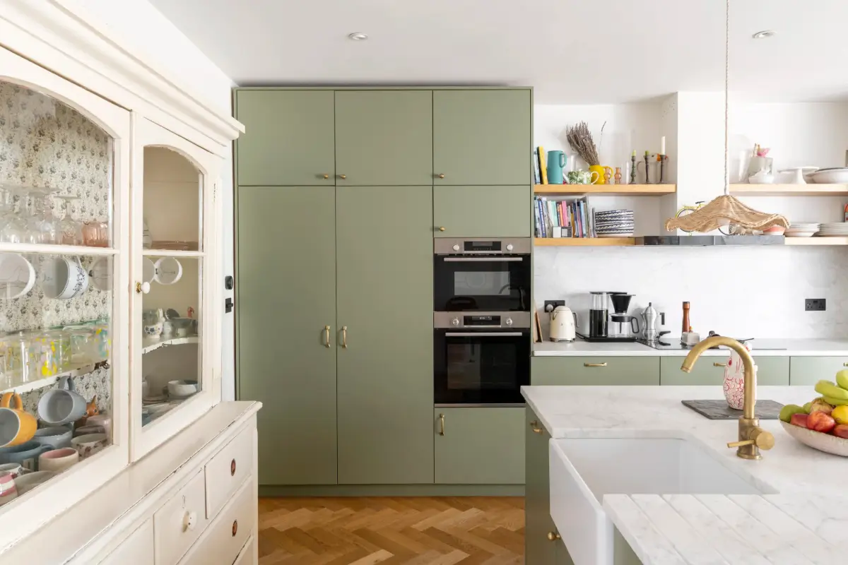 green kitchen brass fittings herrinbone floor
