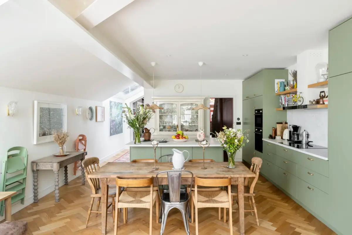 green kitchen rustic wooden dining table