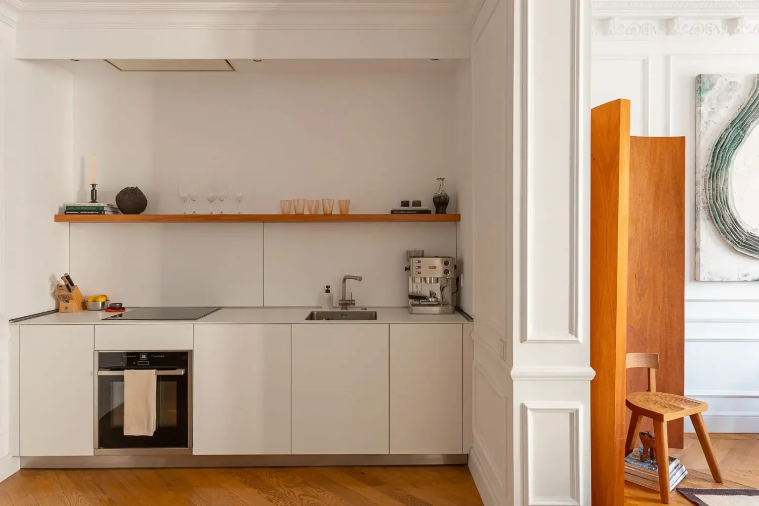 modern white kitchen with shelf