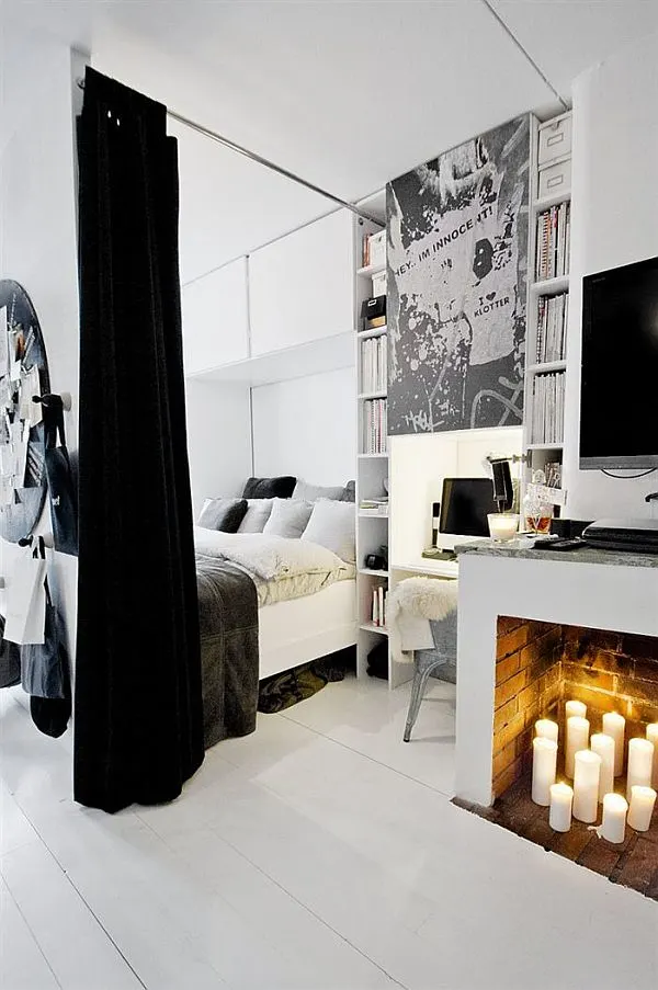 monochrome studio apartment black curtains
