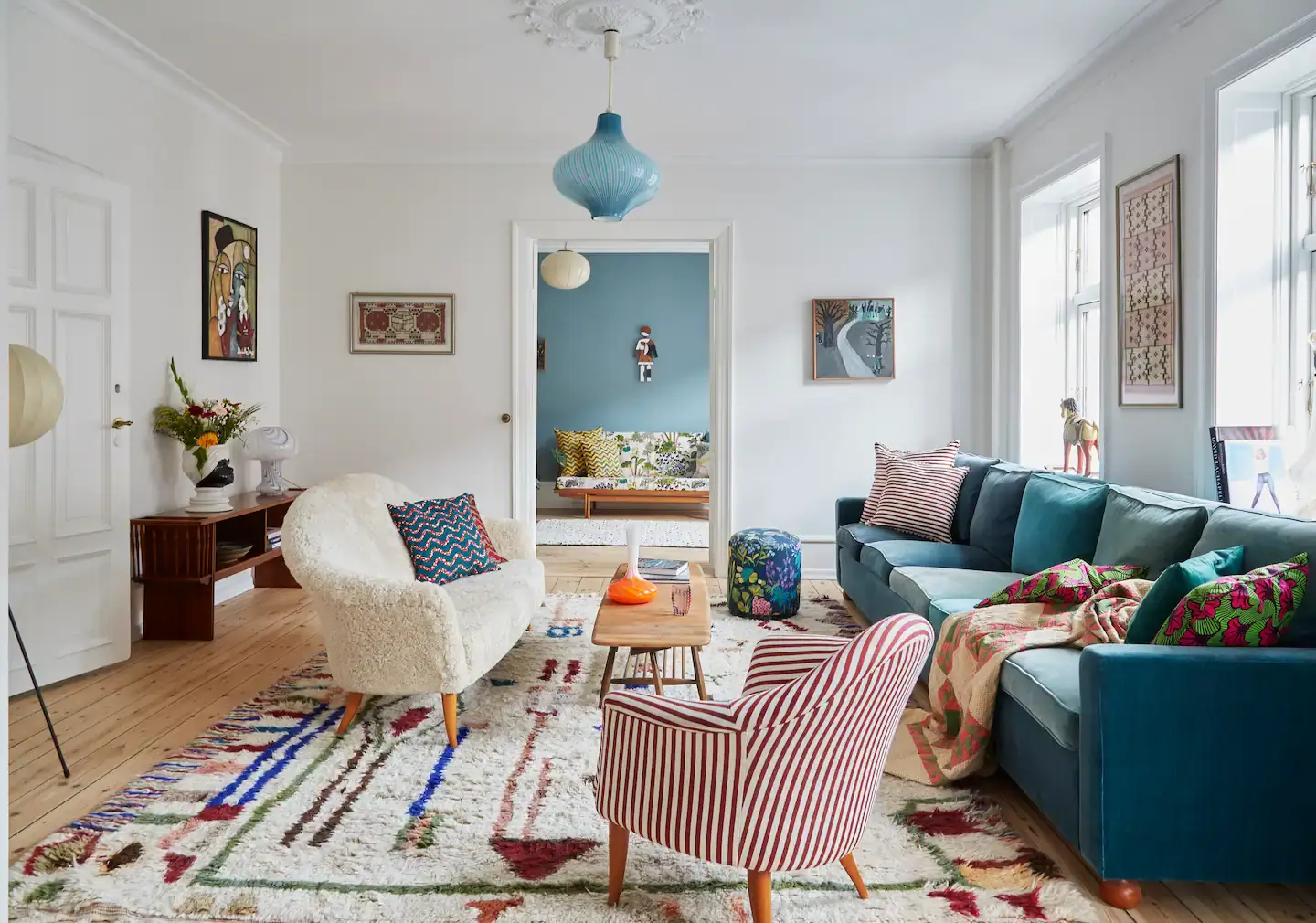 nordic living room with color details