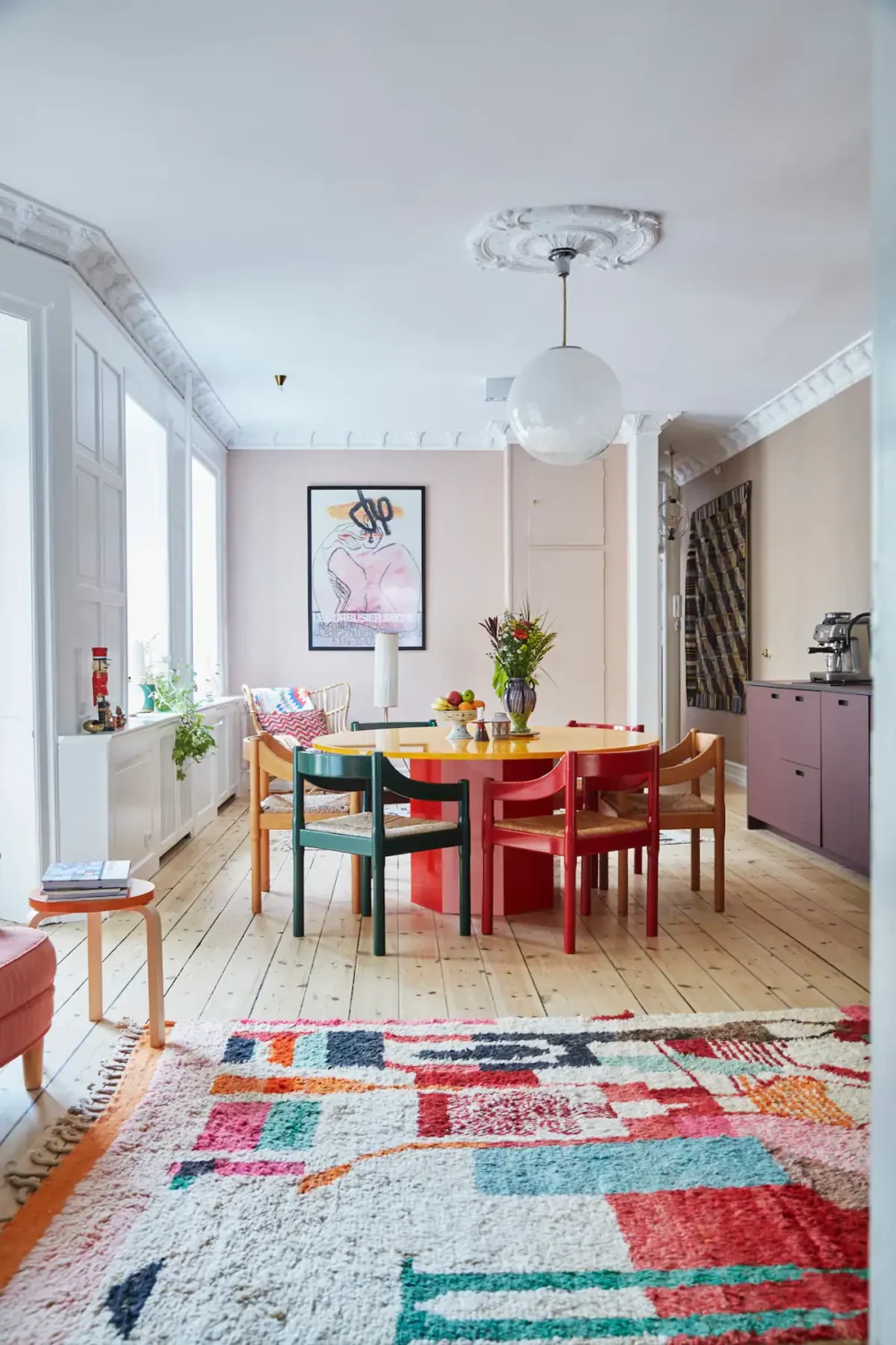 open plan kitchen dining room with color