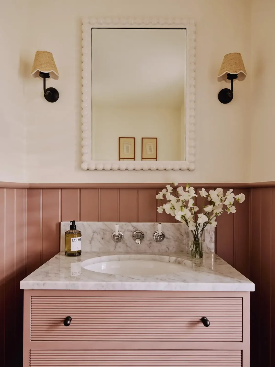 pink bathroom paneling marble