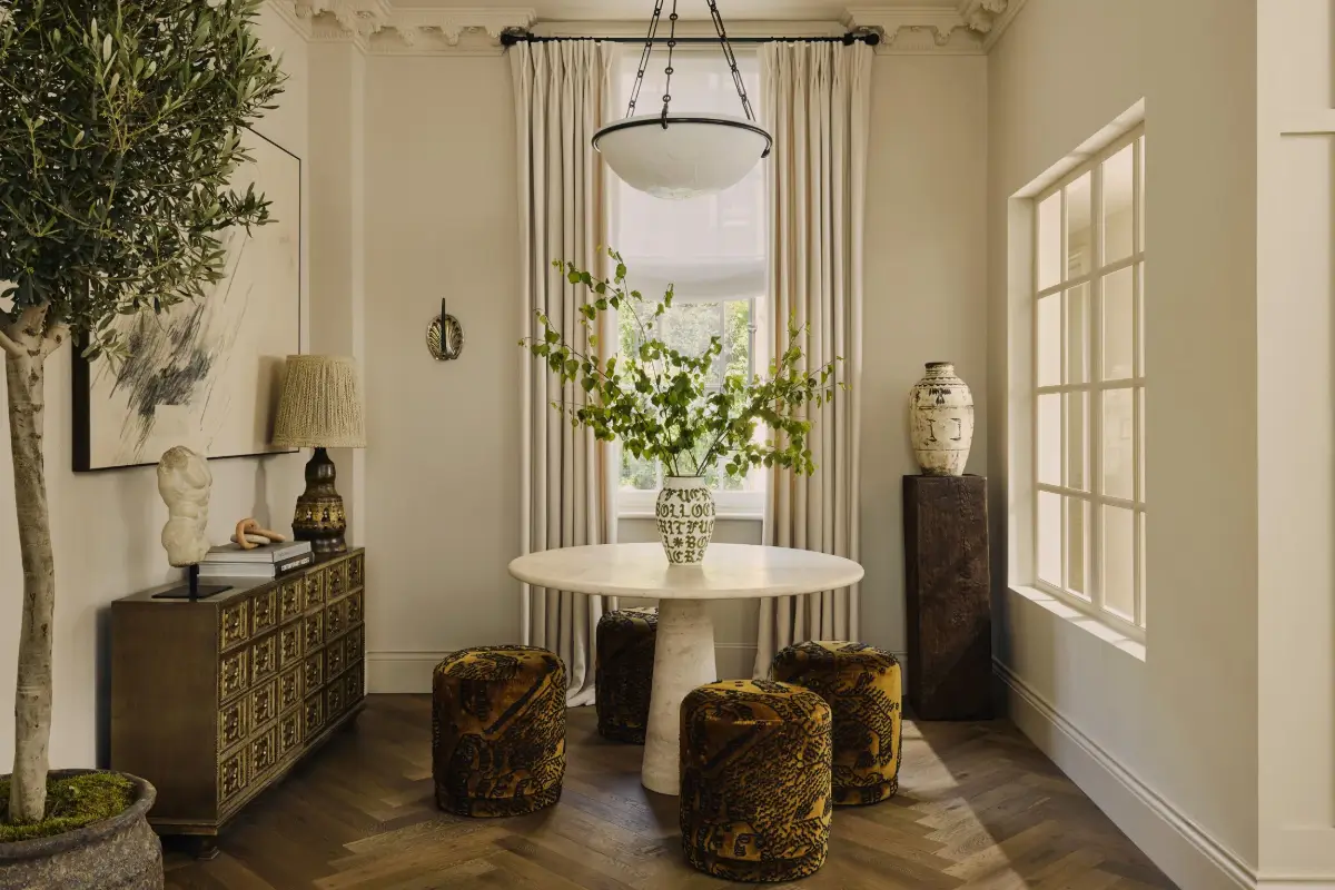 round table with poufs