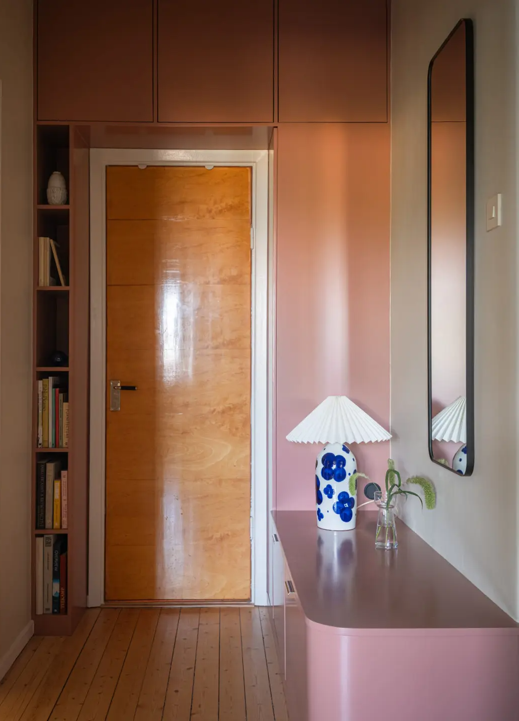 small hall with pink cabinets around front door nordroom Stylish Small Entryway Ideas with Smart Storage Solutions
